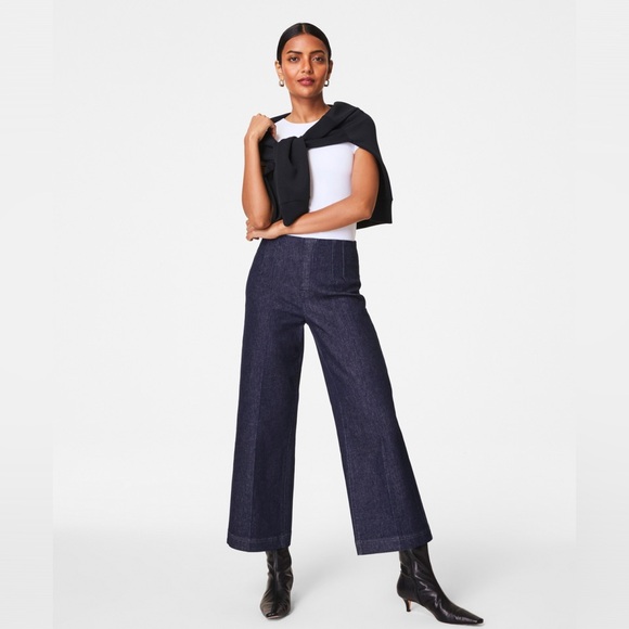SPANX Denim - SPANX Wide Leg Jeans Women’s L 10 EveryWear Zero Waistband Cropped Raw Indigo